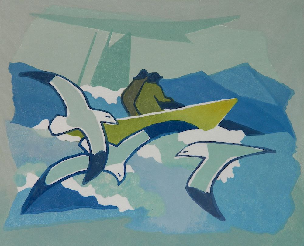 Appraisal: Todd Lindenmuth linocut Todd Lindenmuth American - - ''Dory Fisherman''-