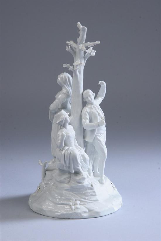 Appraisal: CONTINENTAL BLANC-DE-CHINE PORCELAIN FIGURAL GROUP A flower-seller eavesdropping on a