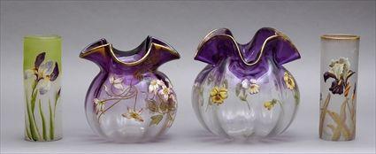 Appraisal: PAIR OF ART GLASS ENAMEL-DECORATED GLASS VASES AND TWO OTHERS