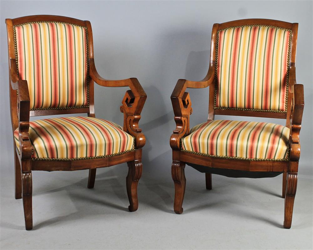 Appraisal: PAIR OF AUSTRIAN CHERRYWOOD ARM CHAIRS WITH YELLOW AND CORAL