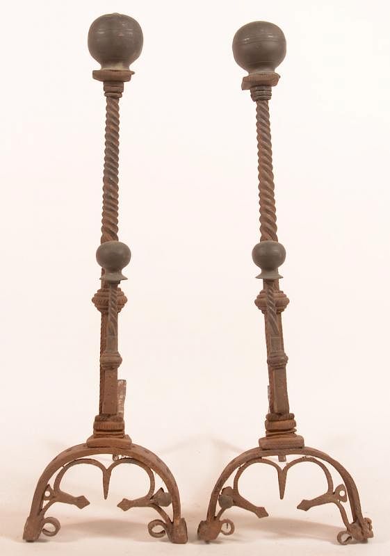 Appraisal: Pair of Ornate Andirons with Brass Ball Finials Pair of