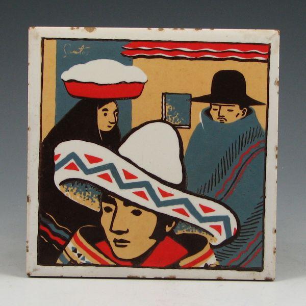 Appraisal: Suntile decorative tile with Mexican scene Signed Santos in the