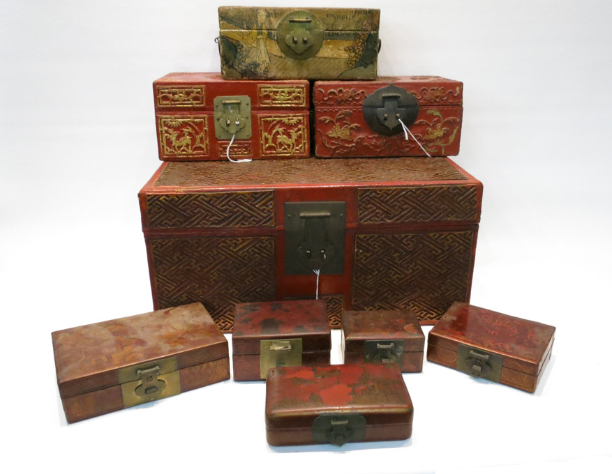 Appraisal: NINE LEATHER COVERED CHINESE BOXES all are tabletop size four