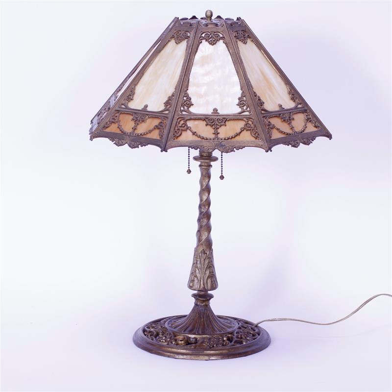 Appraisal: Caramel slag glass lamp with spelter overlay shade and iron