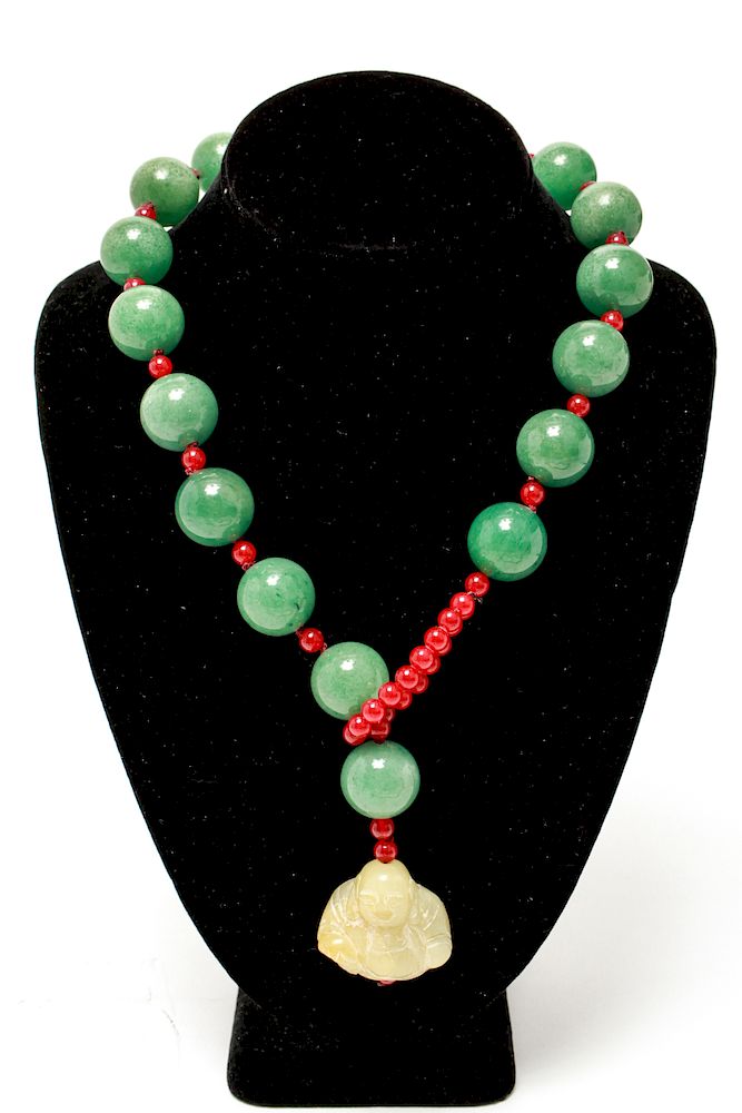 Appraisal: Jade Carved Buddha Red Green Jade Beads Necklace Carved jade