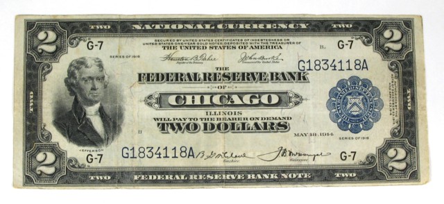 Appraisal: LARGE SIZE U S TWO DOLLAR FEDERAL RESERVE BANK NOTE