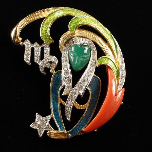 Appraisal: DeNicola Virgo Zodiac Maiden Enamel Molded Glass Rhinestone Brooch Pin