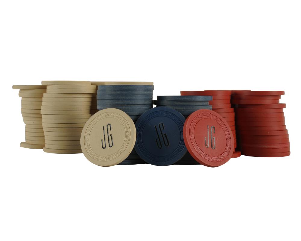 Appraisal: JAMES GARNER SET OF POKER CHIPScolored ceramic each monogrammed JG