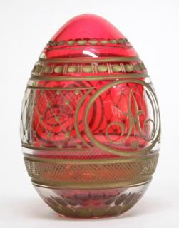 Appraisal: Bohemian Gilt Cut Glass Egg Blown cranberry red glass monogrammed