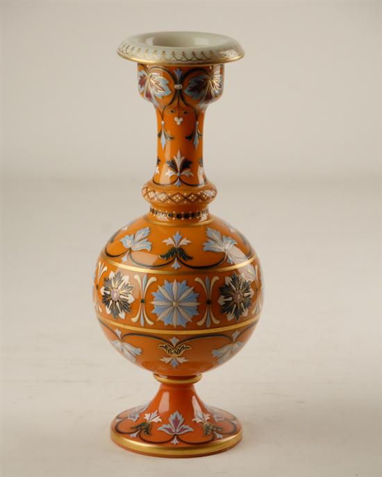 Appraisal: Overlay Glass Vase salmon-colored ground with enamel floral decoration H