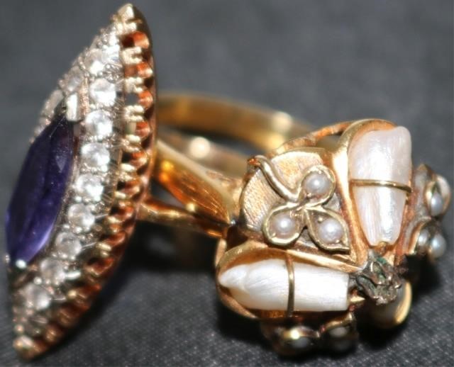 Appraisal: TWO KT YELLOW GOLD RINGS TO INCLUDE MARQUISECUT AMETHYST SURROUNDED