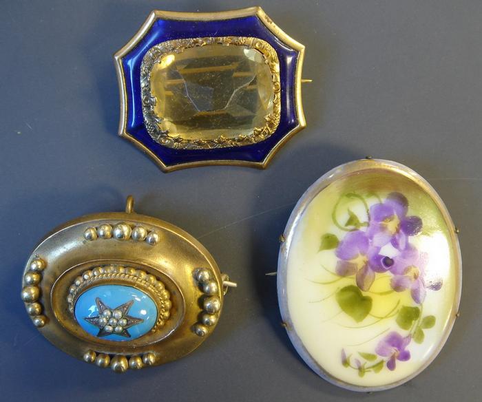 Appraisal: Gold-filled Brooches Grouping of three including floral painted porcelain second