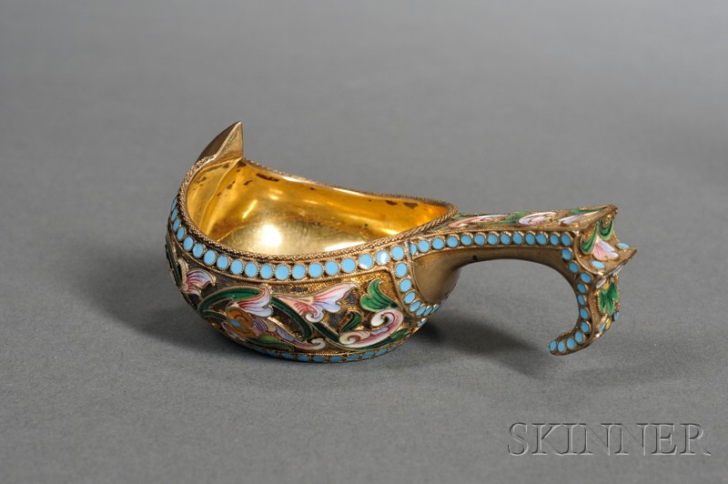 Appraisal: Small Russian Goldwashed Silver and Enamel Kovsch c - maker