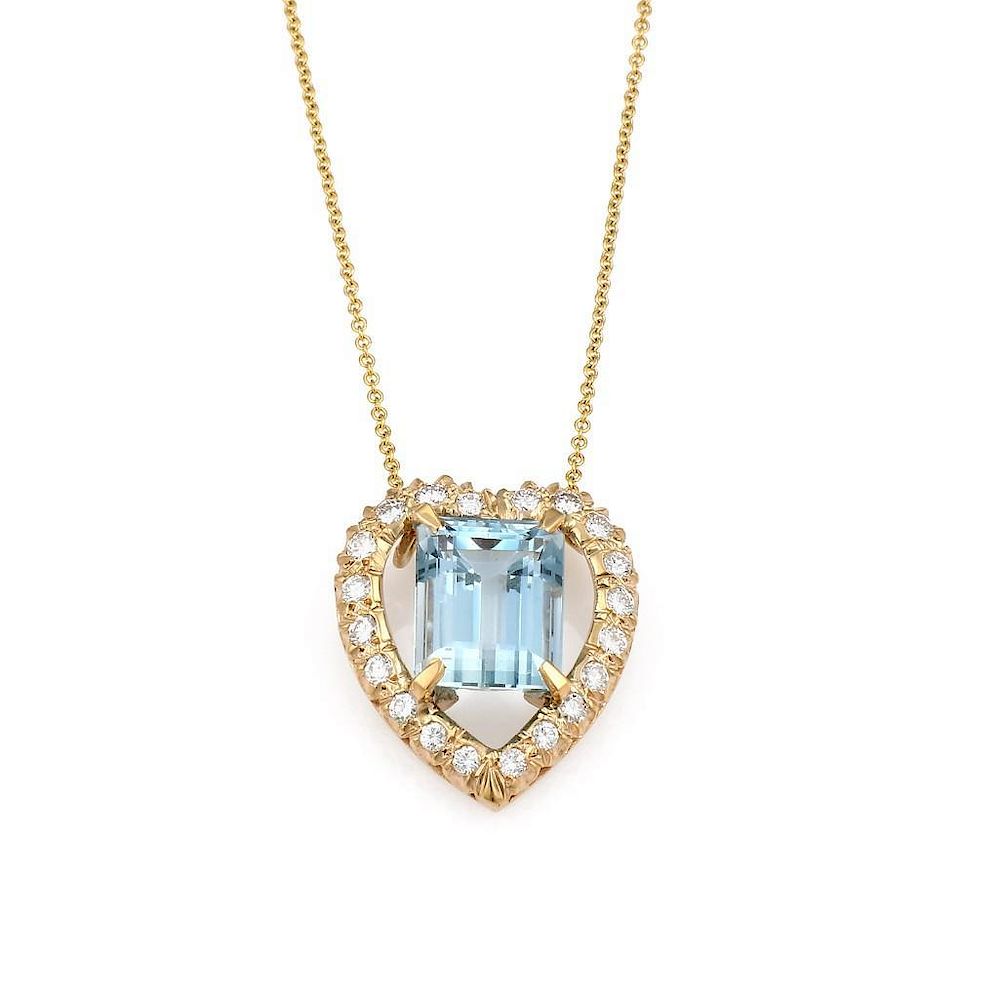 Appraisal: K Yellow Gold Aquamarine Diamond Heart Necklace 's K Yellow