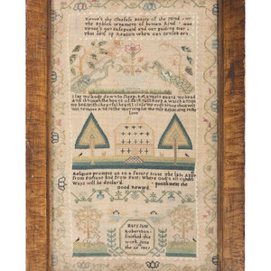 Appraisal: A Pictorial Needlework Sampler in a Grain-Painted Frame signed Mary