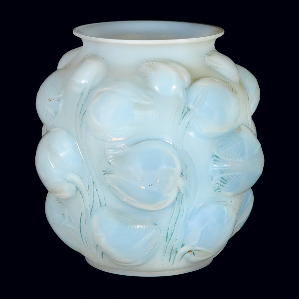 Appraisal: R Lalique Molded Opalescent Glass Tulipes Vase Marcilhac no circa