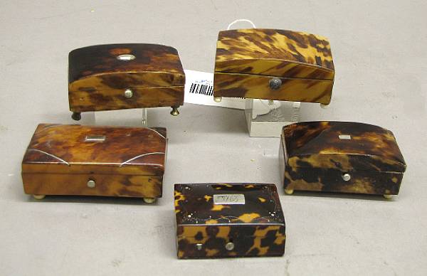 Appraisal: Five tortoiseshell rectangular boxes mid th century Comprising one inlaid