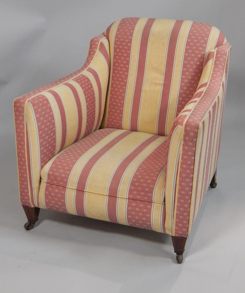 Appraisal: An Edwardian mahogany and boxwood strung tub shaped chair upholstered