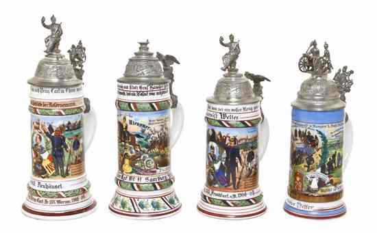 Appraisal: Four German Regimental Porcelain Steins each liter depicting soldiers in