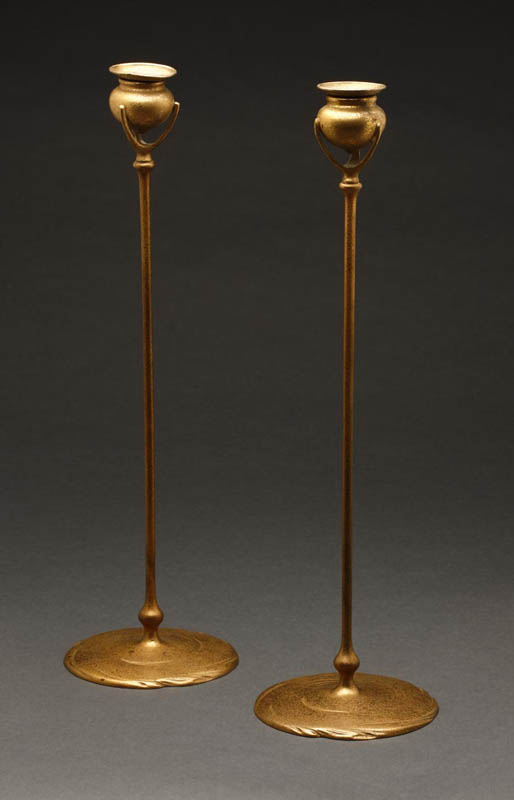 Appraisal: Pr Tiffany Studios gilt-bronze candlesticks Pr Tiffany Studios gilt-bronze candlesticks