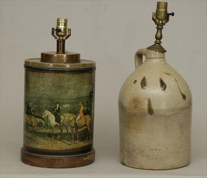 Appraisal: Pottery Jug Mounted as a Lamp together with a Tin