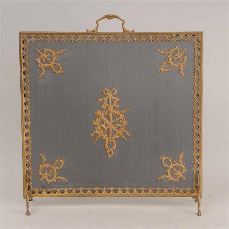 Appraisal: LOUIS XVI STYLE GILT-METAL MOUNTED WIRE MESH TRESTLE FIRE SCREEN