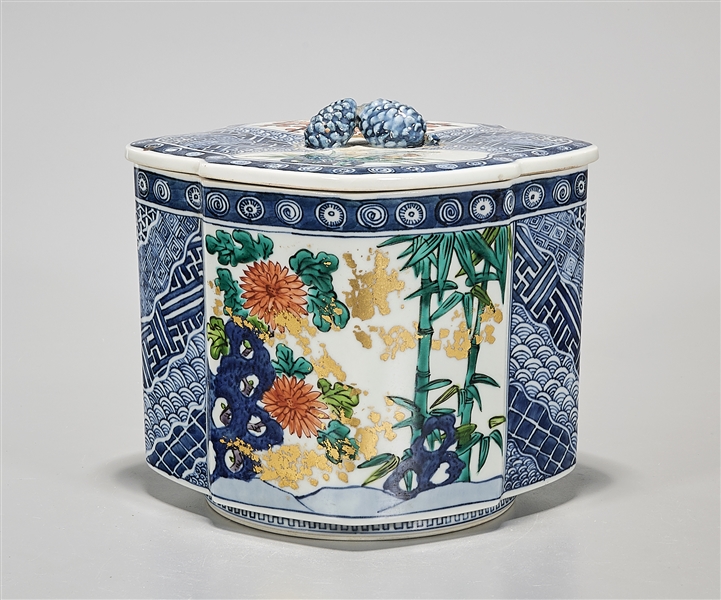 Appraisal: Japanese blue and white and enameled porcelain tea canister with