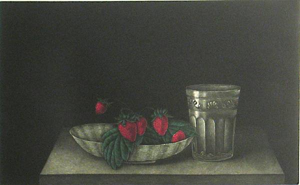 Appraisal: Tomoe Yokoi Japanese born Strawberries and Glass c Color mezzotint