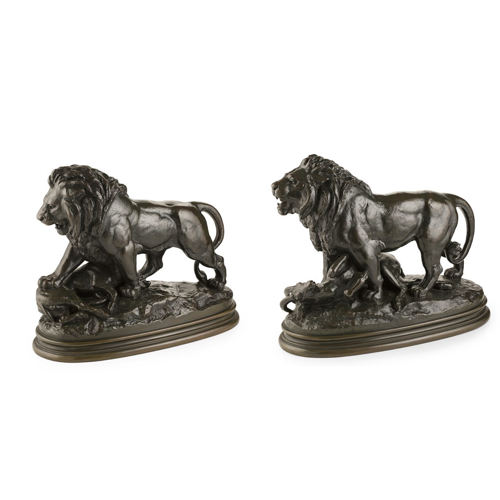 Appraisal: ANTOINE LOUIS BARYE - PAIR OF LARGE BRONZE LIONS green