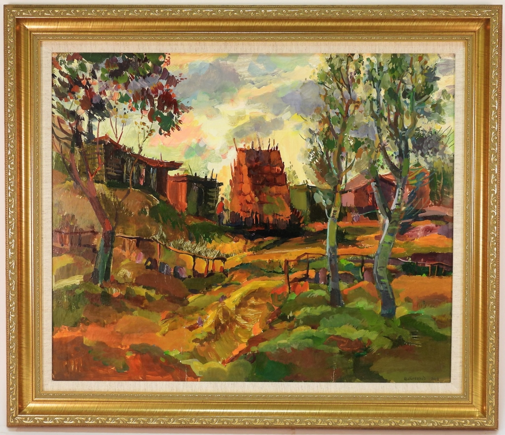 Appraisal: AVETIS MKRTCHYAN VILLAGE LANDSCAPE PAINTING Armenia ContemporaryImpressionist depiction of distant