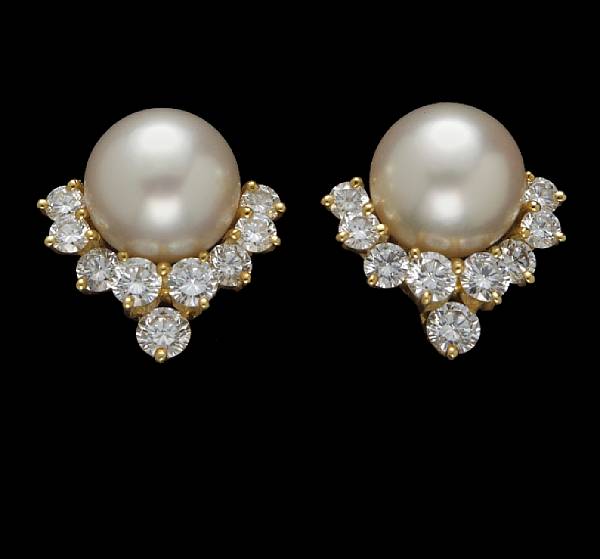 Appraisal: A pair of cultured pearl and diamond earrings pearls measuring