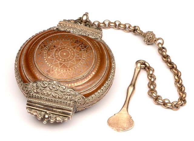 Appraisal: A SINGHALESE SILVER MOUNTED COPPER LIME BOX of circular hinged