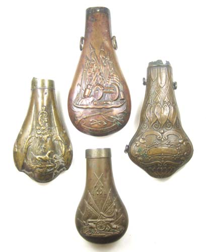 Appraisal: FOUR POWDER FLASK BODIES copper Colts patent type with two