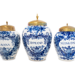 Appraisal: Three Delft Blue and White Tobacco Jars Possibly De Blompot