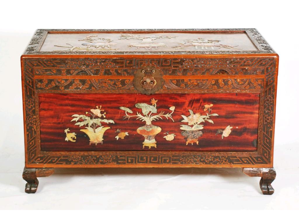 Appraisal: CHINESE CARVED HARDWOOD AND HARDSTONE INLAID BEDDING CHEST the oblong