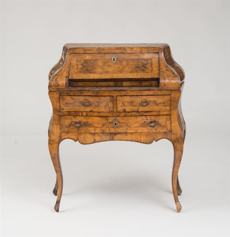 Appraisal: ITALIAN ROCOCO WALNUT PARQUETRY SLANT-FRONT DESK The rectangular top above