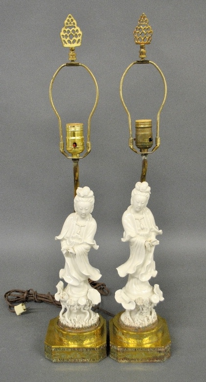 Appraisal: - Pair of table lamps with blanc-de-chine geisha figures with