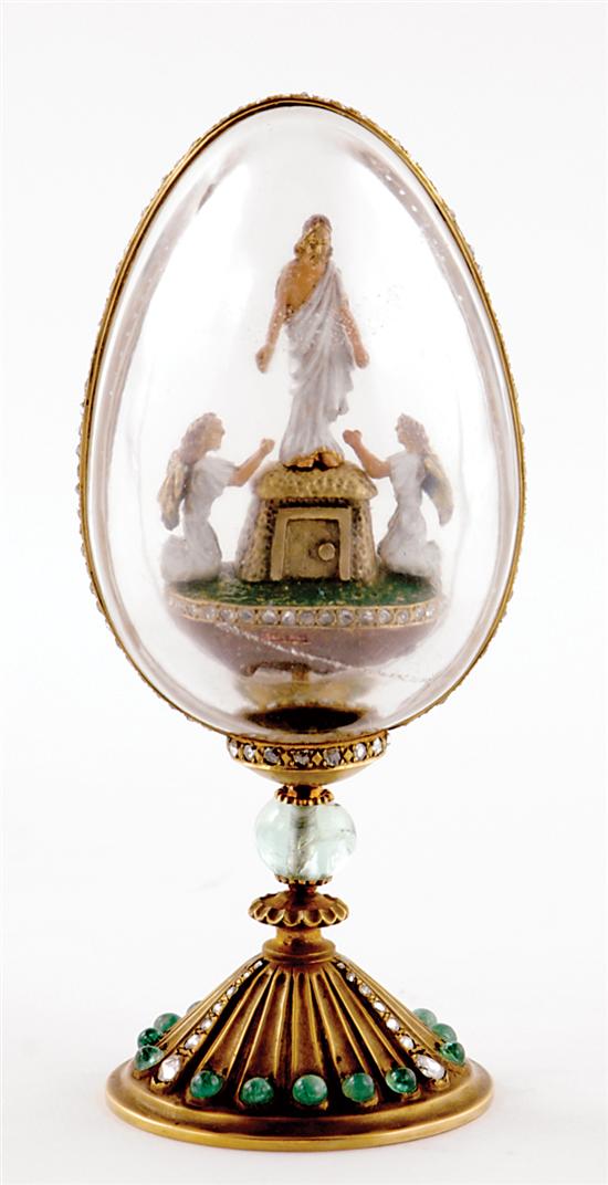 Appraisal: Faberge style rock crystal and gem-set egg enamel Resurrection scene