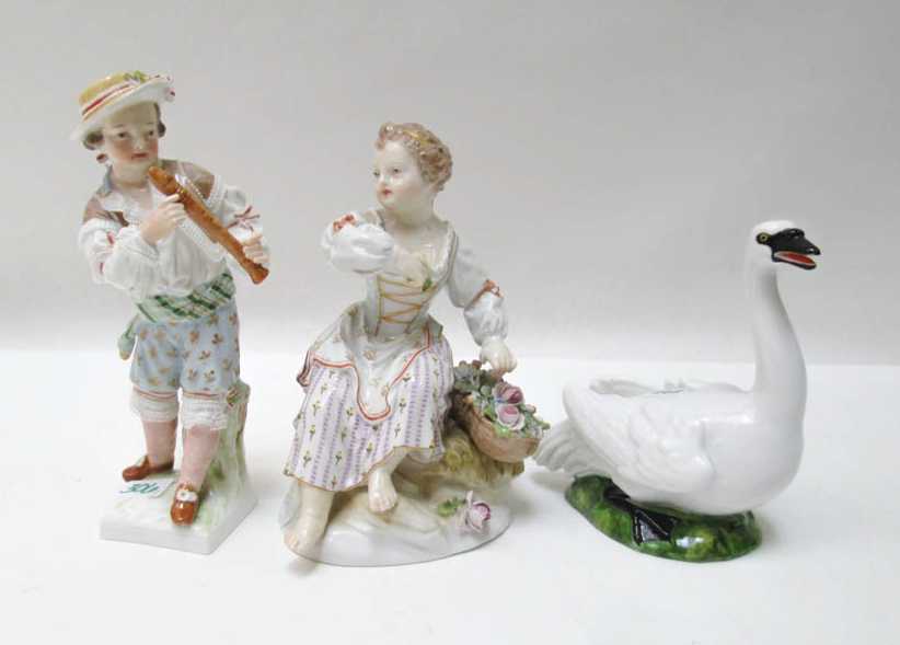 Appraisal: THREE KPM PORCELAIN FIGURINES a seated young lady with basket