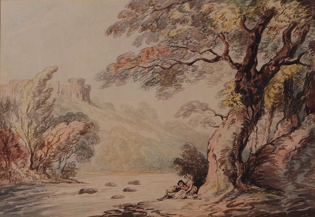 Appraisal: THOMAS ROWLANDSON - Landscape with trees river a castle on