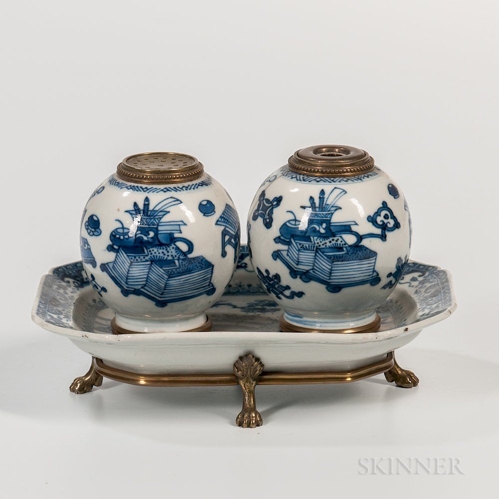 Appraisal: Blue and White Ceramic and Brass-mounted Inkwell Blue and White