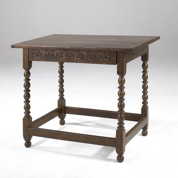 Appraisal: ENGLISH JACOBEAN SIDE TABLE Carved oak with stretcher base ca