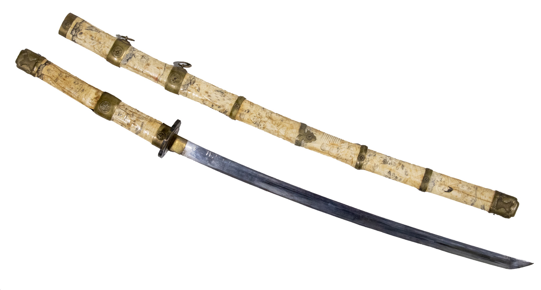 Appraisal: GRAND TOUR ERA JAPANESE WHALEBONE MOUNTED KATANA SWORD AND SCABBARD