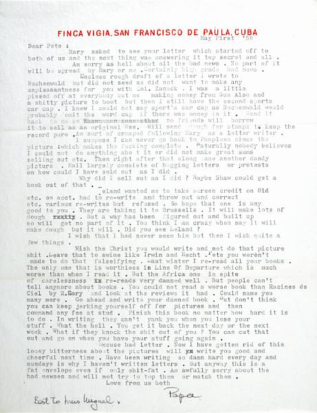 Appraisal: HEMINGWAY ERNEST Typed Letter Signed Papa p to San Francisco