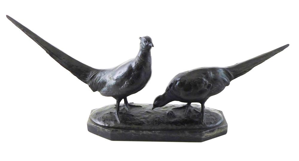 Appraisal: Otto Poertzel German - Two Pheasants bronze sculpture painted dark