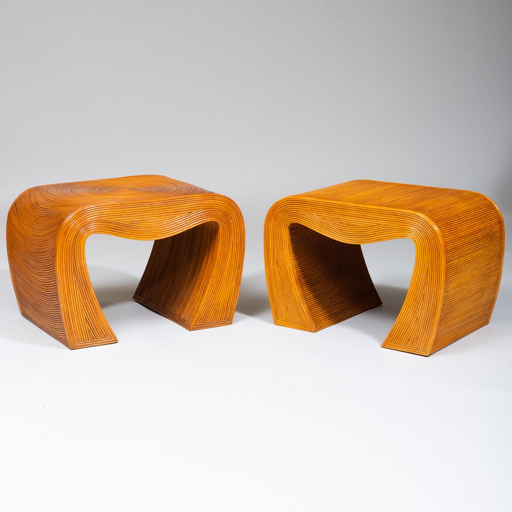 Appraisal: Pair of Modern Rattan Covered End Tables x x in