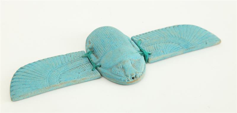 Appraisal: EGYPTIAN BLUE-GLAZED FAIENCE SCARAB AMULET With separate wings x in