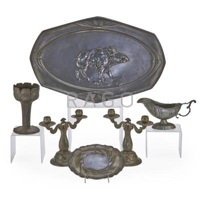 Appraisal: ART NOUVEAU PEWTER Six items ca pair of Danish candelabra