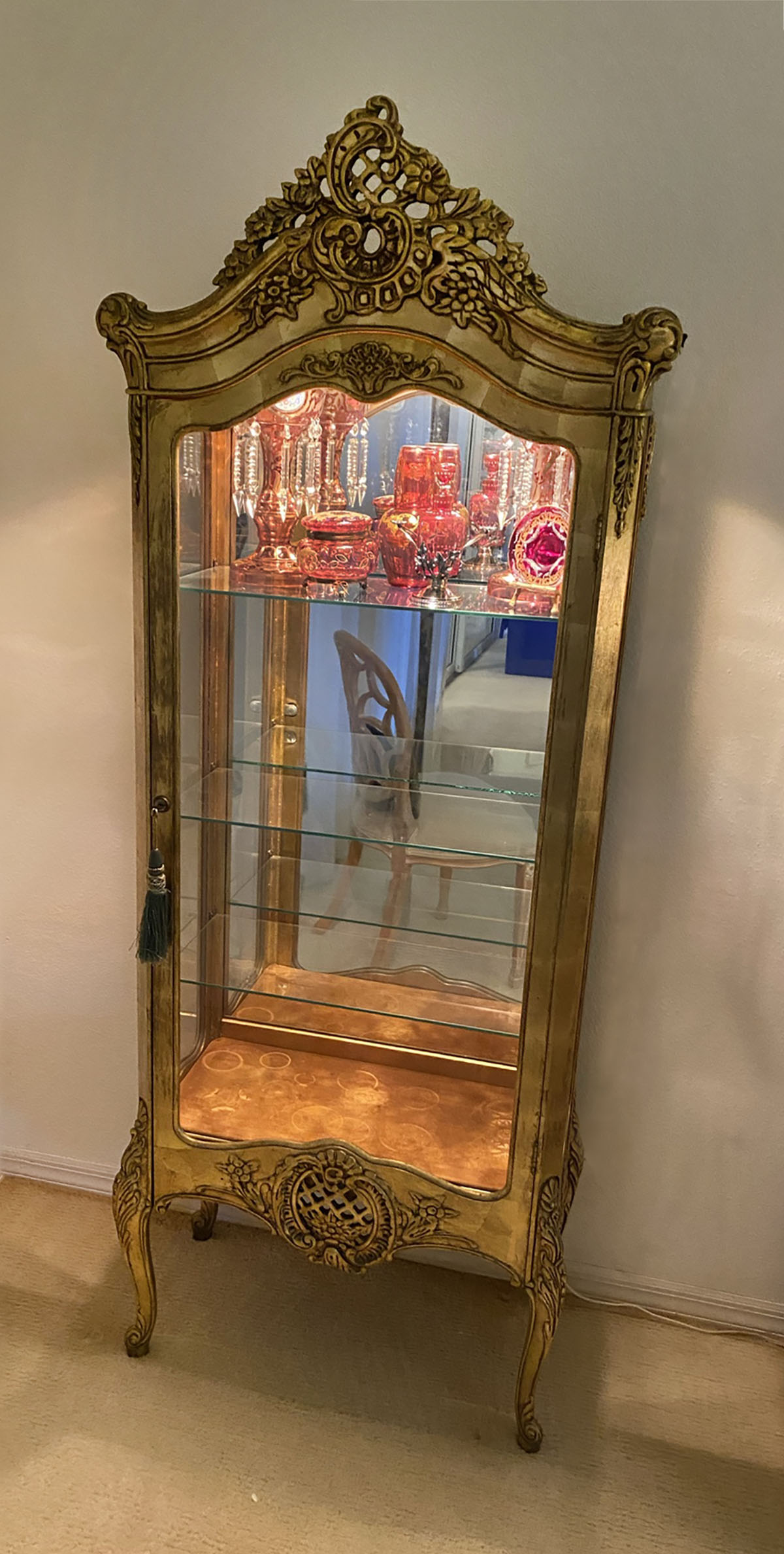 Appraisal: FRENCH GOLD GILT VITRINE WITH CARVED CREST - shelf lighted