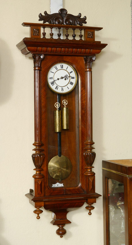 Appraisal: DOUBLE WEIGHT VIENNA REGULATOR WALL CLOCK Case with carved and